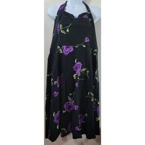 Black Purple Floral Halter A Line Dress XL Lightweight Soft Flowy Sleeveless